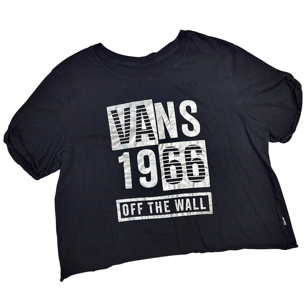 Vans Women's XL Black T-Shirt Crop Top Short Sleeve 1966 Raw Hem 100% Cotton